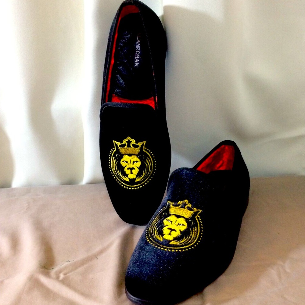 Elanroman Mens NEW Black Velvet Slip On Shoes Loafers Gold Lion Size 46 (12 US)